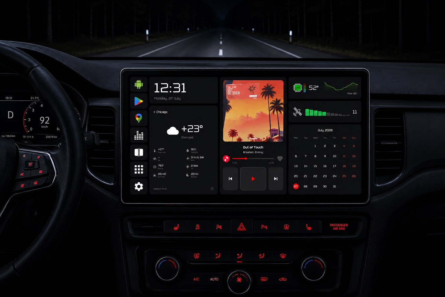 CarDash Launcher на экране автомобильной магнитолы: часы, погода, музыка и датчики